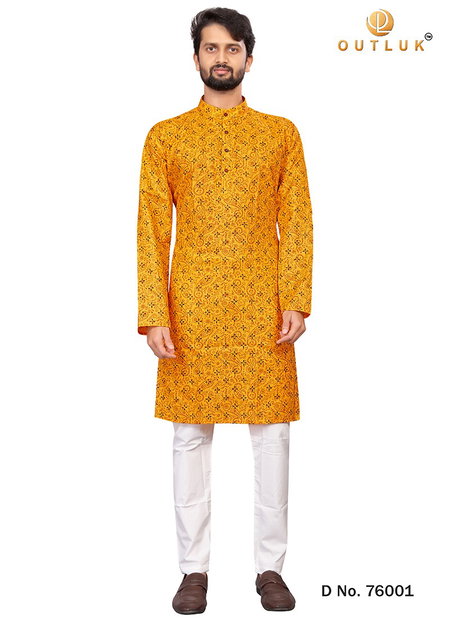 Yellow Colour Outluk Vol 76 Fancy Ethnic Wear Cotton Kurta With Pajama Collection 76001